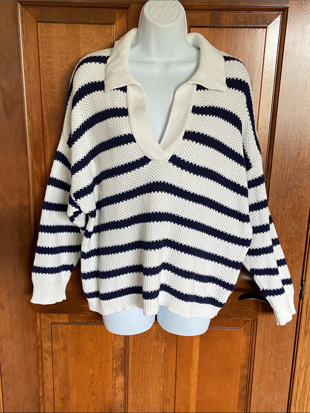 Aerie sweater white and navy striped pattern oversized /collared polo design Med
